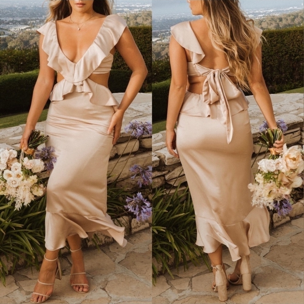 Show Me Your Mumu Zoey Midi Dress in Rose Taupe Luxe Satin size XXL